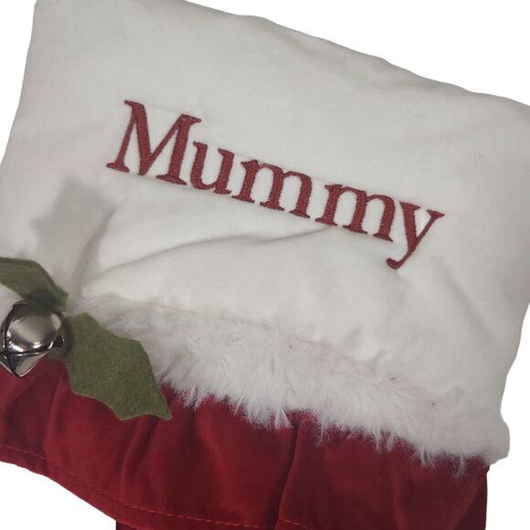 NWT POTTERY BARN VELVET RED STOCKING MUMMY EMBROIDERED LINED HOLLY CHRISTMAS UK - Picture 3 of 8